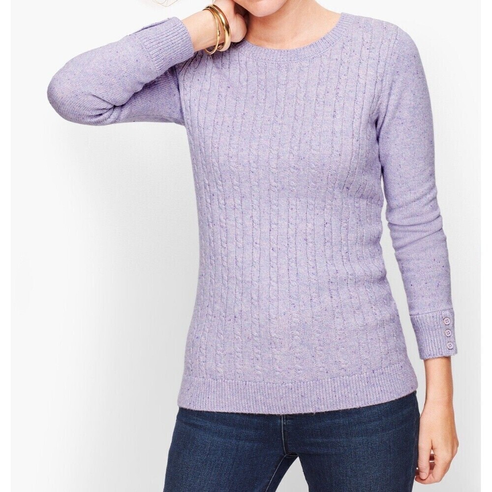 Talbots Cable Knit Tweed Sweater Top Womens 2X Soft Purple Button Cuff Crewneck